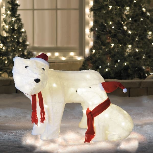 Set of 2 LED Lighted Chenille Polar Bears Outdoor Christmas Decorations ...