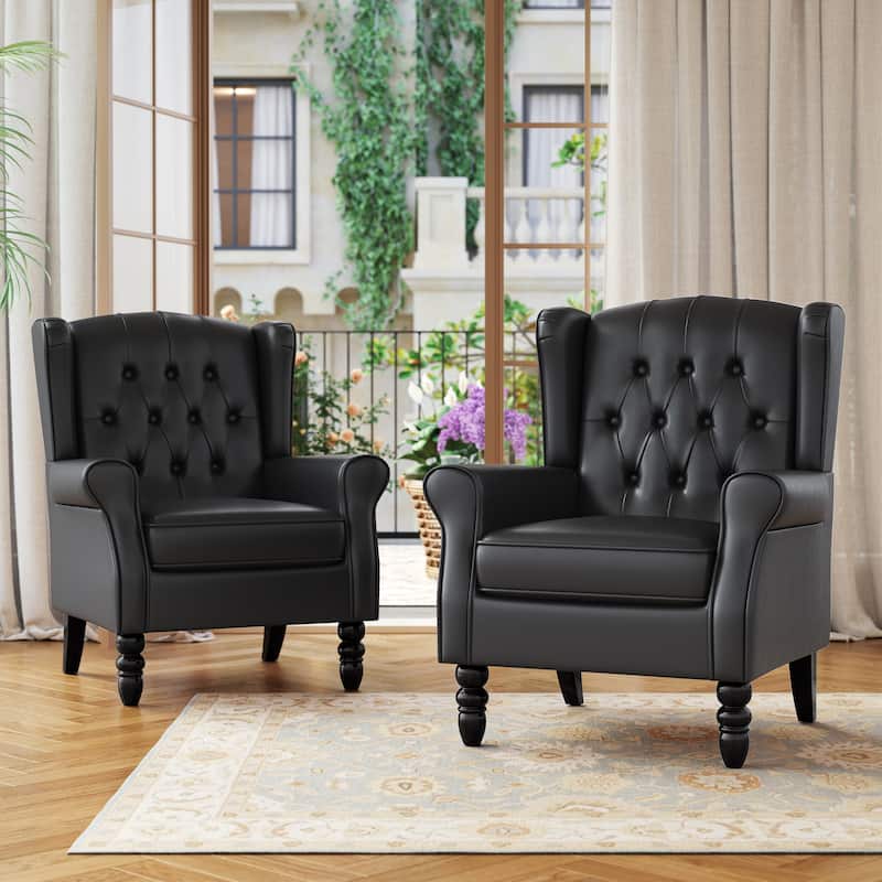 Button Tufted Wingback Upholstered Accent Chairs Set of 2 - Leather Black