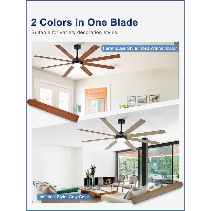 Large Ceiling Fan with Light - 8-Blade, Remote App Control, Dimmable 3CCT, Quiet DC Motor​, 66/72 Inches