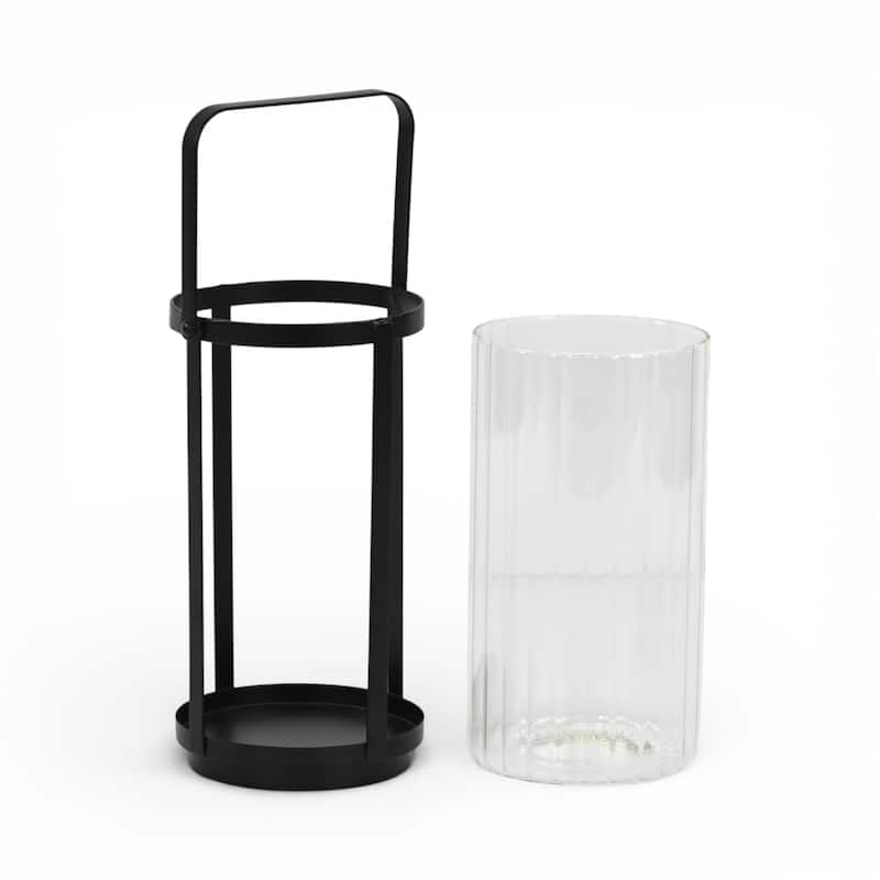Vortial Fluted Glass Candle Lantern with Black Metal Frame