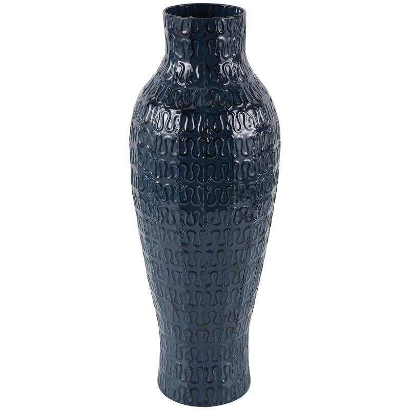 Dark Blue Metal Dimensional Textured Decorative Vase with Wavy Pattern