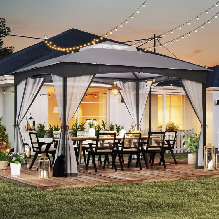 Outdoor Patio Gazebo with Double Roof, Removable Mesh Sidewalls & Sandbags - 144 x 120 x 114 inches (L x W x H)