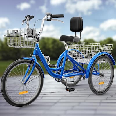 26" Blue 7 Speed Adult Tricycle 3 Wheel Bikes with Removable Baskets