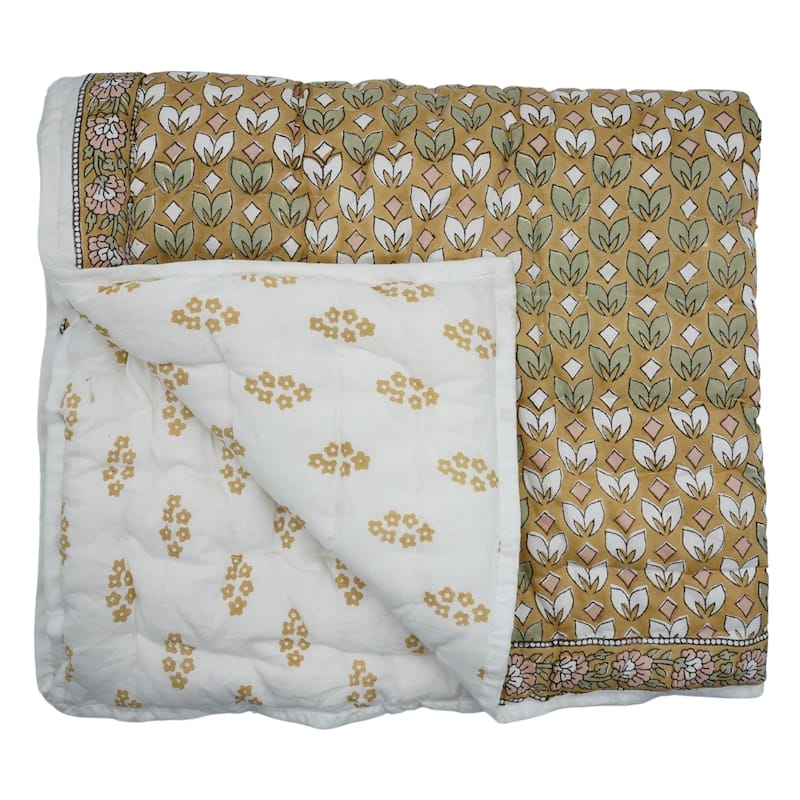Fabdivine Floral Hand Block Print Cotton Mustard Quilt - Bohemian Bedroom Decor, Titli, Soft & Lightweight Handmade Bedspread