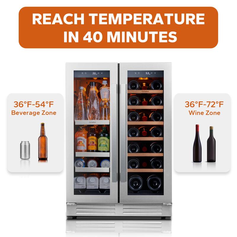 Ca'Lefort 24 inch 20 Bottle/ 60 Can Beverage Wine Cooler Dual Zone French Door Fridge