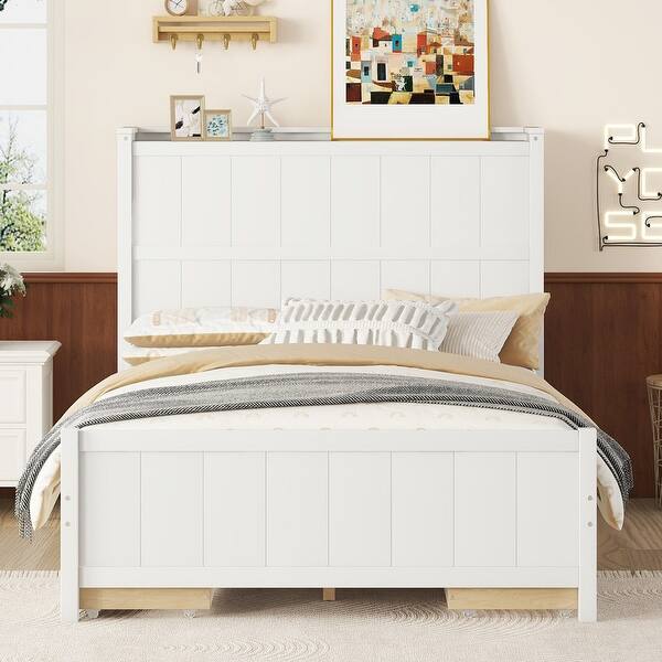 slide 2 of 27, Full Size Wooden Platform Bed with Storage Drawers and Shelves White