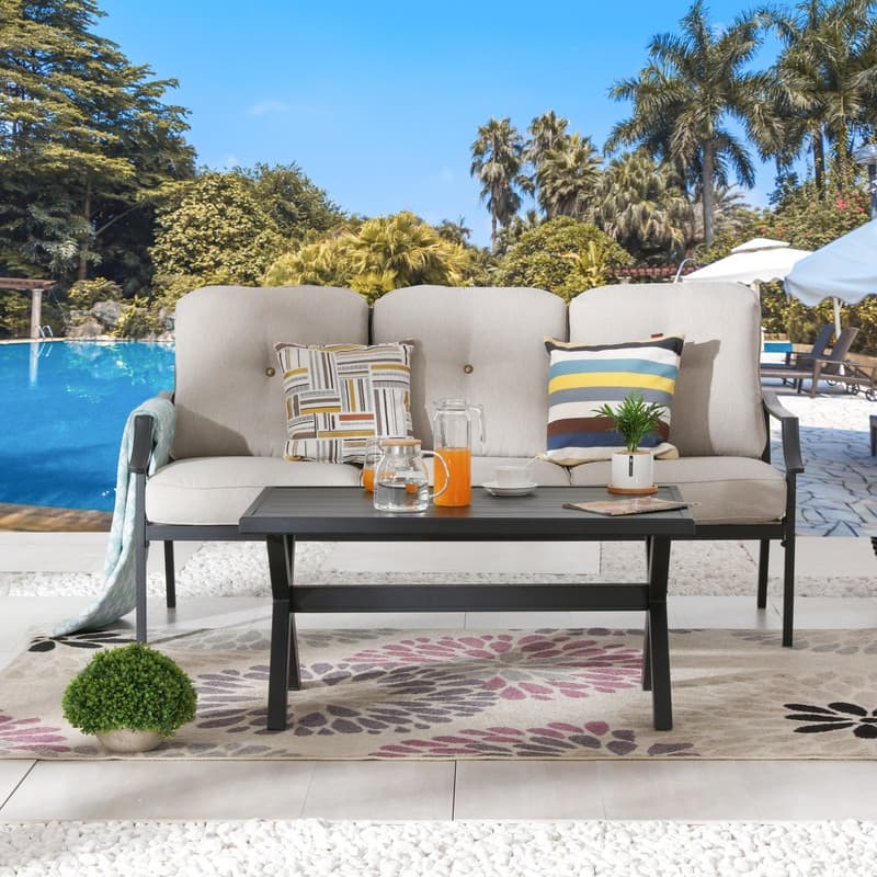 Patio Festival 2-Piece Outdoor Metal Sofa with Coffee Table Set - Beige/Black