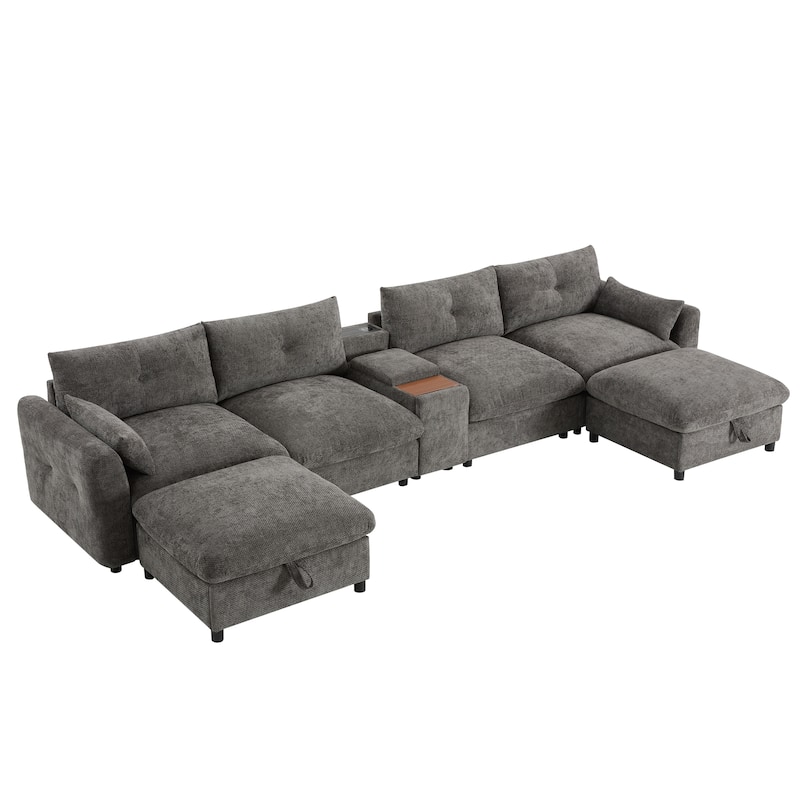 Modular Sectional Sofa With Movable Storage Ottoman And Console,Cup Holder,U Shaped Couch,Chenille Sofa With Usb Charger
