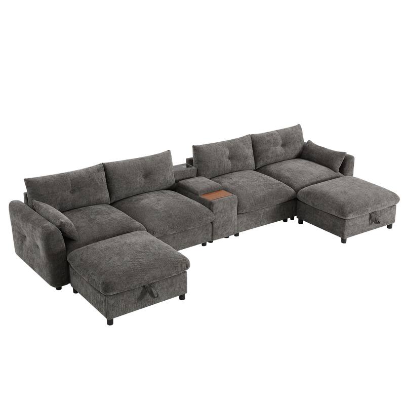 Oversized U Shaped Modular Sectional Sofa with 2 Storage Ottomans, Chenille 6 Seat Sofa with Console, Cup Holder & USB Charger