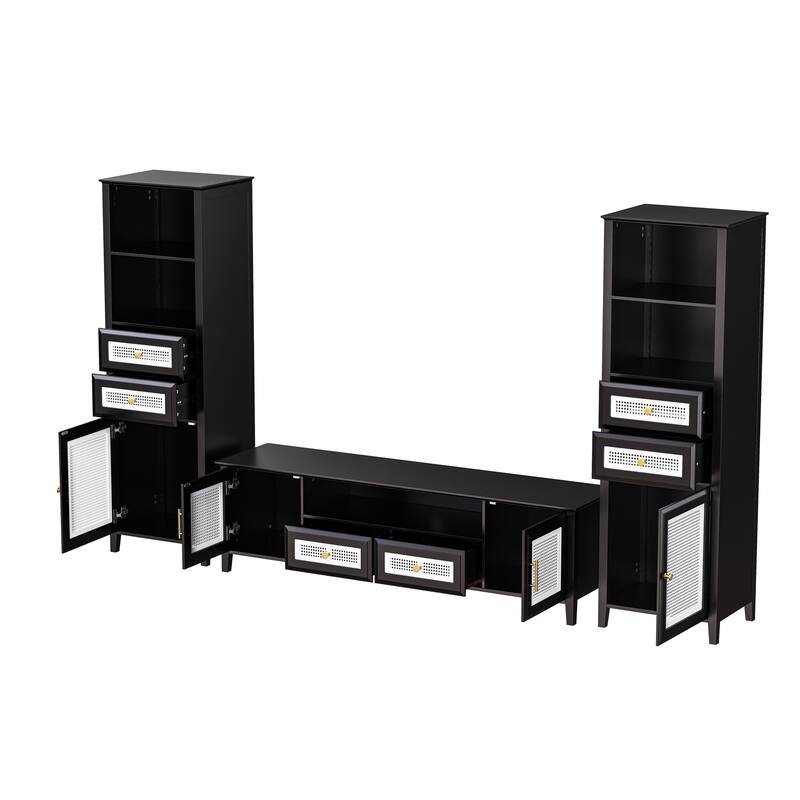 Black Rattan TV Stand Sets with TV Console and 2 Tall Cabinets - 102.10" x 15.70" x 63.00"