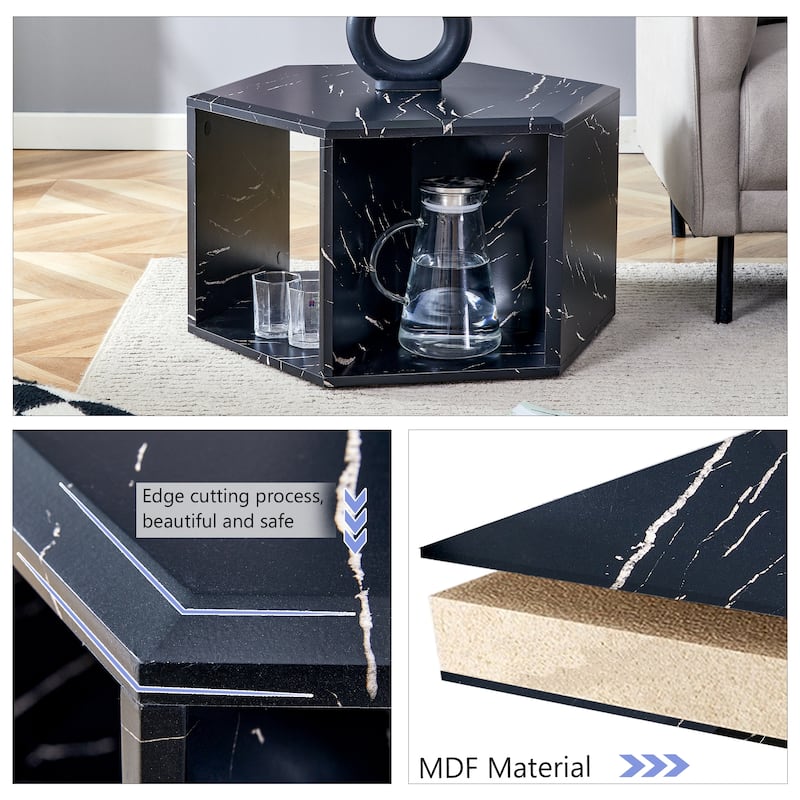 Hexagonal MDF coffee table, characteristic pattern stickers, multi-hole design to give more storage space