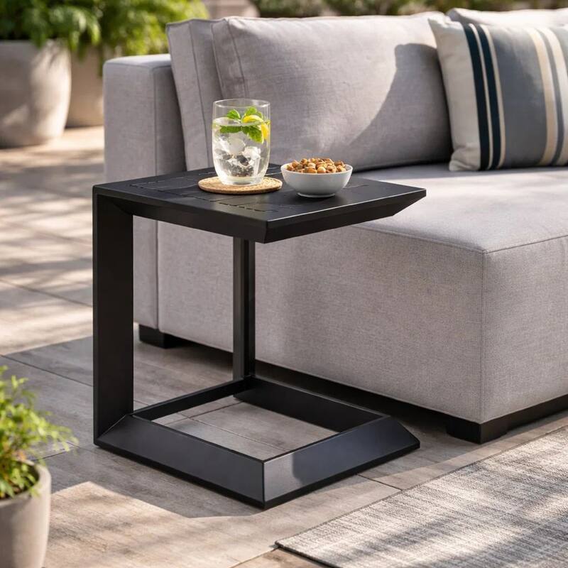 Kili 20 Inch Side End Table, Geometric Design, Jet Black Aluminum Frame