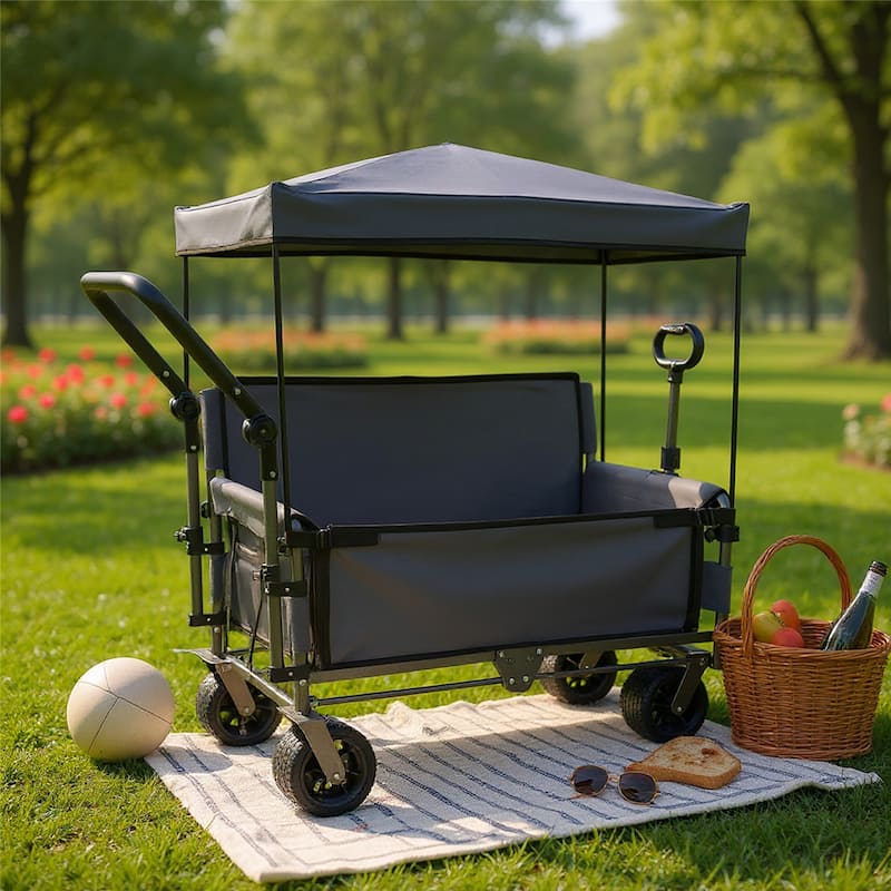 Folding Wagon with Bench Seat & Canopy - Grey