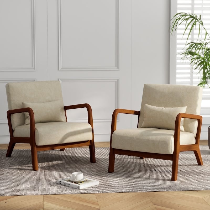 2 Set Upholstered Lounge Arm Chair with Pillow - Set of 2 - Leather-Cream