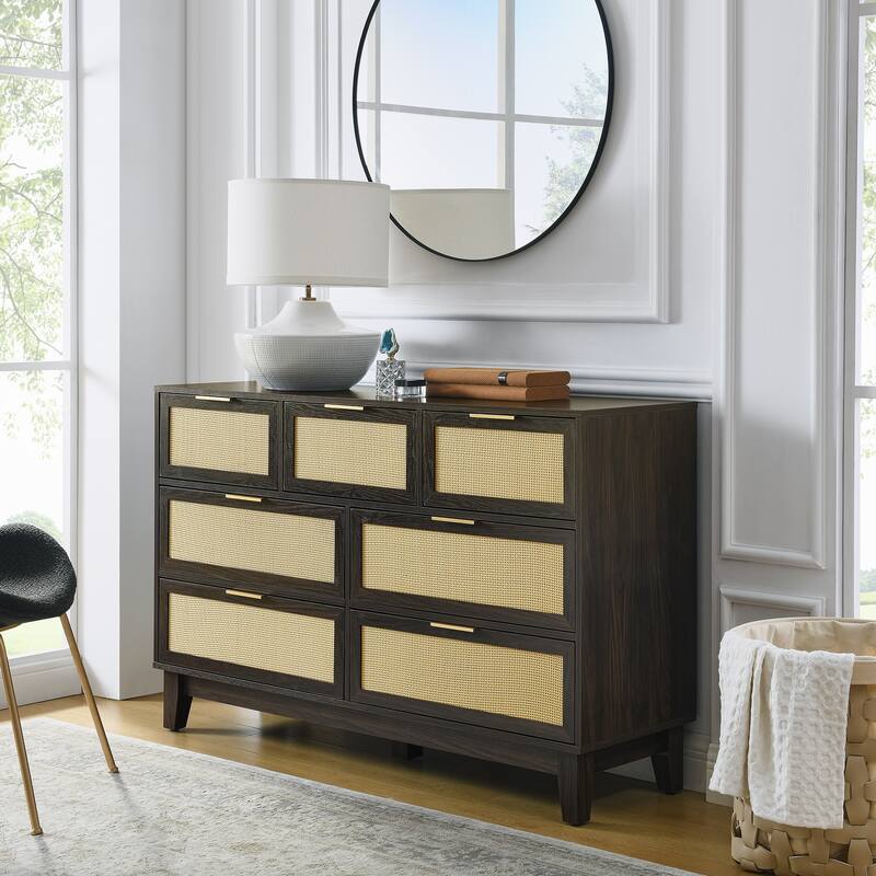 Modern Rattan Dressing Wooden Storage Cabinet with 7 Spacious Drawers, for Bedroom, Living Room and Hallway