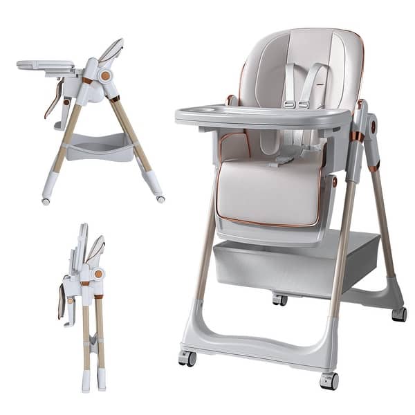 slide 2 of 33, Adjustable Baby High Chair 0-6 Years -Portable Infant Feeding Seat with Safety Belt, Silent Lockable Wheels & Easy-Clean Design White