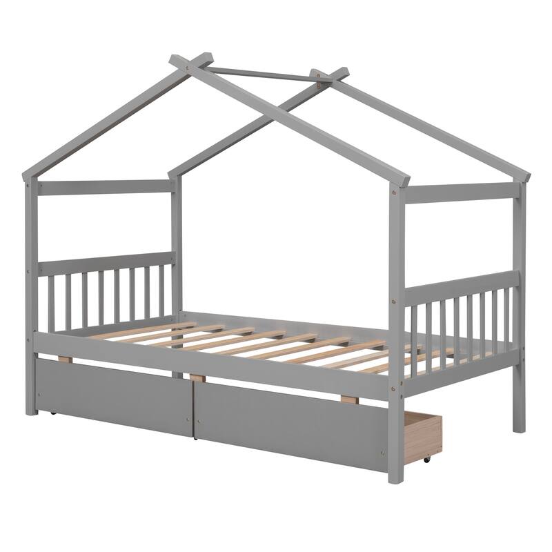 House Platform Bed Daybed with 2 Drawers and Roof for Kids Teens
