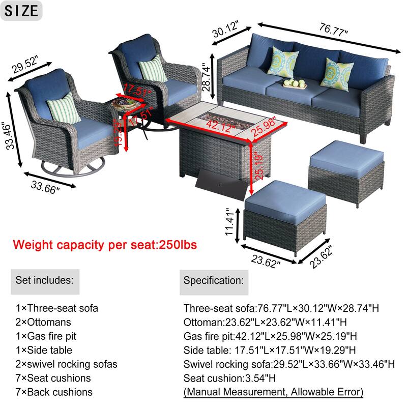 OVIOS 7-Piece Patio Swivel Chair Set with 42" Fire Table