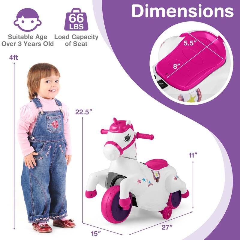 Costway 12V Kids Ride on Unicorn Toy with Training Wheels Music - See Details