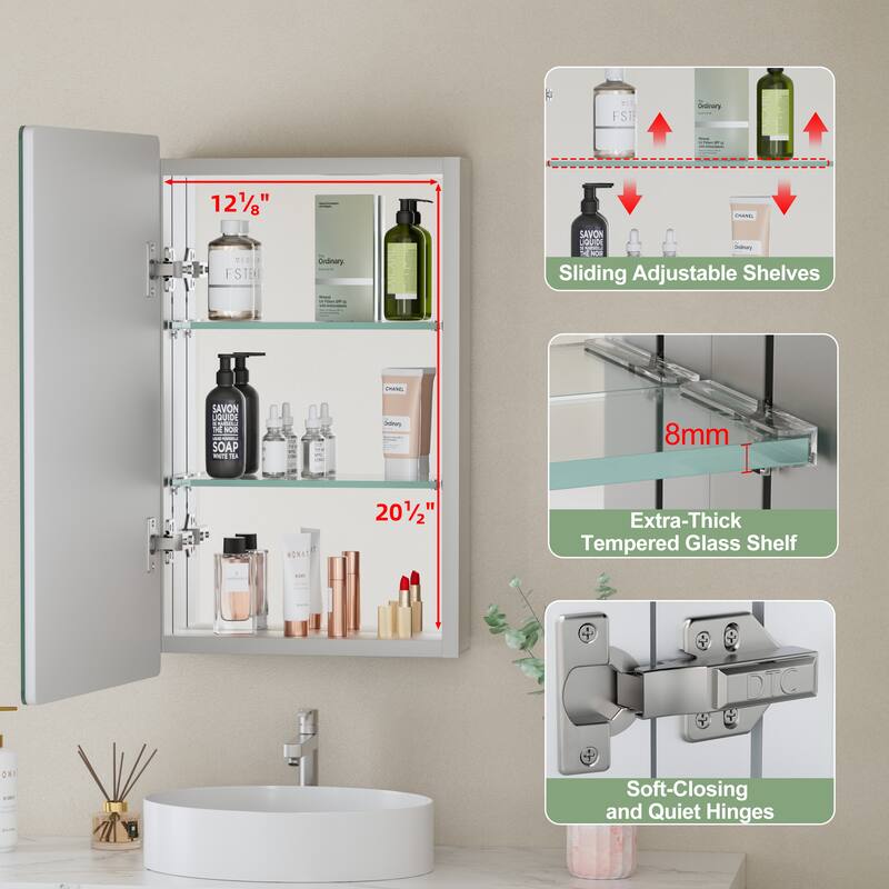 Mira Rectangular Frameless Medicine Cabinet with Mirror, Sliding Adjustable Glass Shelves, Reversible Door