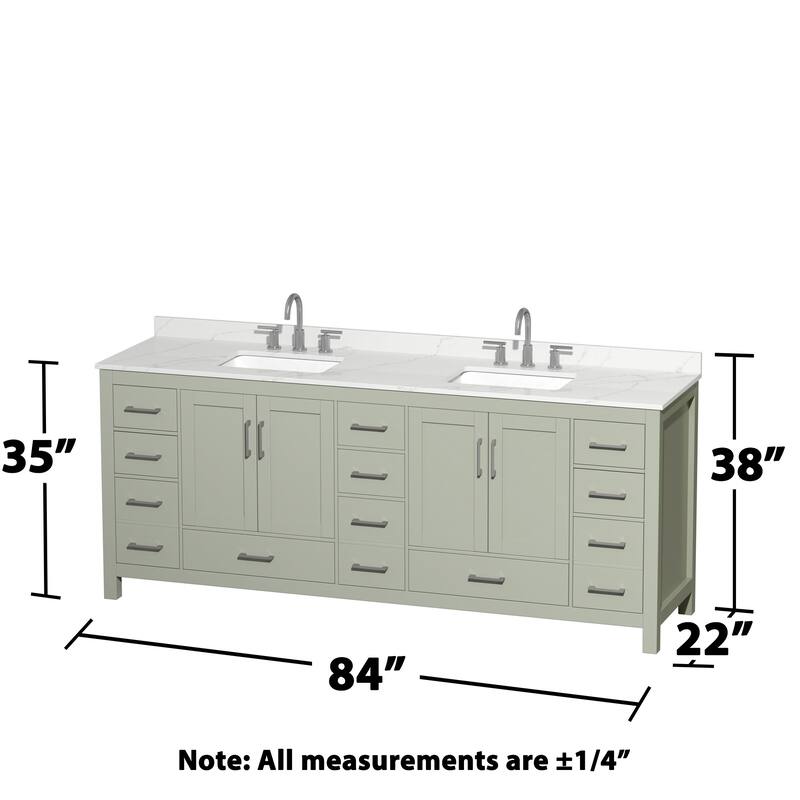 Sheffield 84-inch Double Vanity, 3 Hole Quartz Top, Med Cabinets