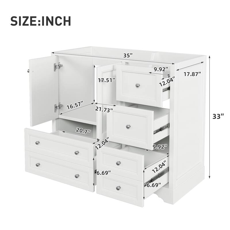 Roomfitters 36 Inch Bathroom Vanity without Sink, Solid Wood Freestanding Cabinet with 4 Drawers and Shelf