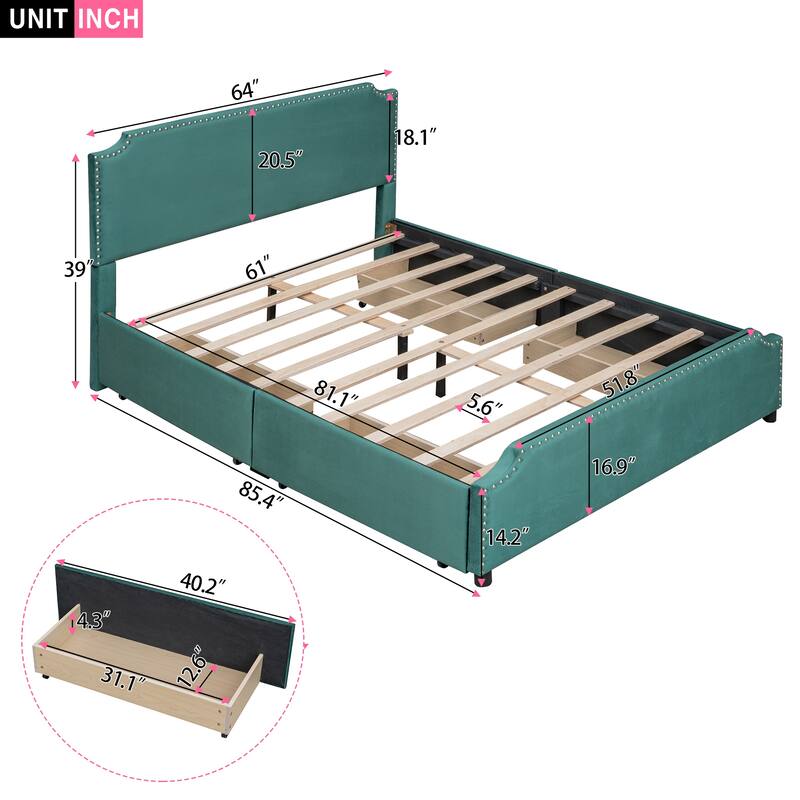 Upholstered Platform Bed with Stud Trim Headboard and Footboard