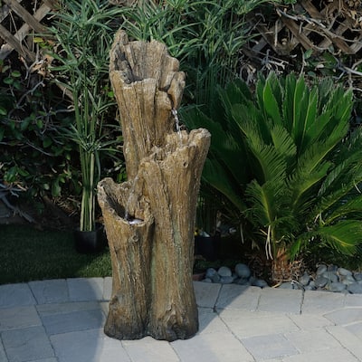 Alpine Corporation 39" Tall Outdoor 3-Tier Cascading Tree Bark Water Fountain with LED Lights