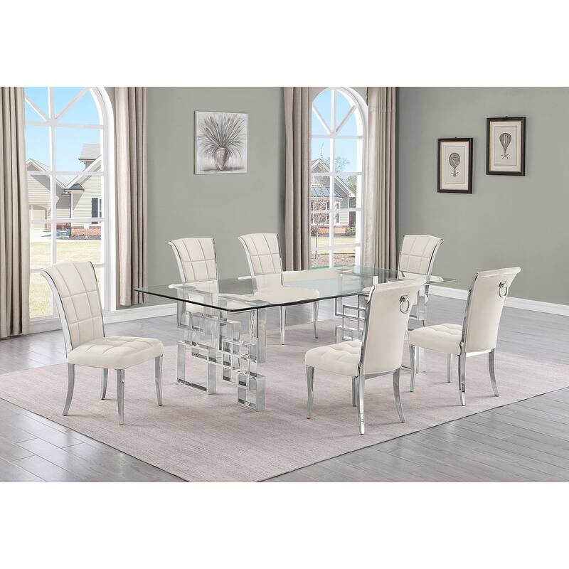 Best Quality Furniture D223/4-SC320-7 Dining Set with 95" 15mm Glass - 7-Piece - Cream / Silver