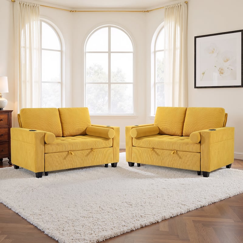 2 Set Corduroy Convertible Sleeper Sofa Bed Loveseats with Cup Holder, USB Ports & Storage
