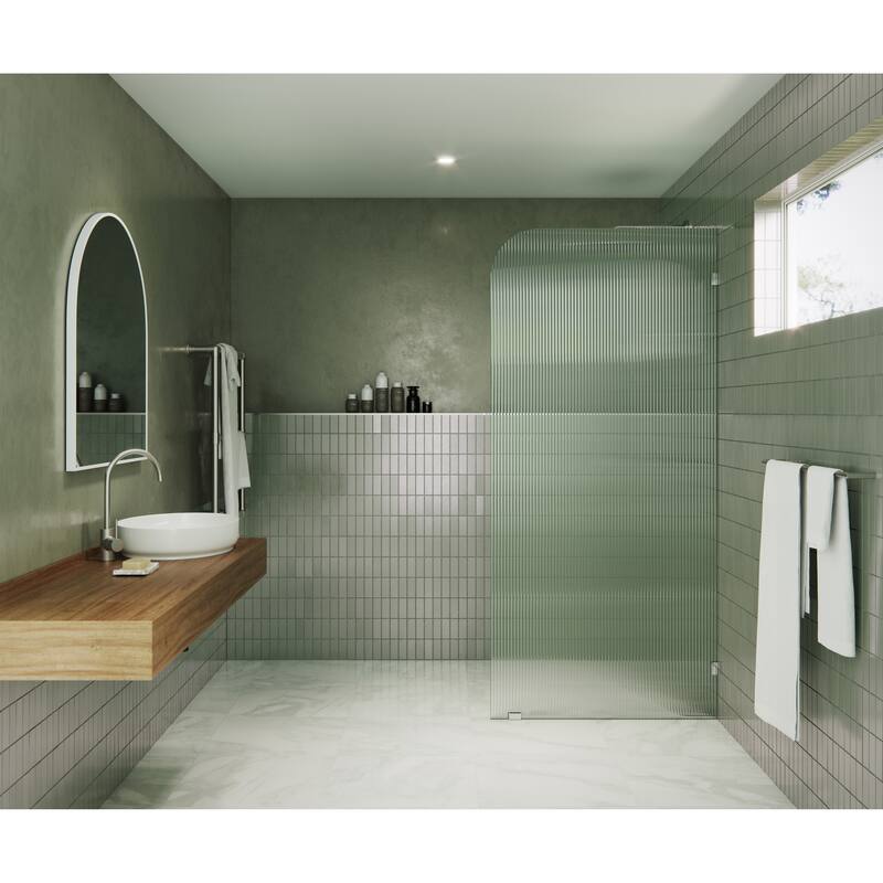 Glass Warehouse 34" x 78" Frameless Shower Door - Single Fixed Panel Fluted Frosted Radius - 34 Inch - Right - Polished Chrome