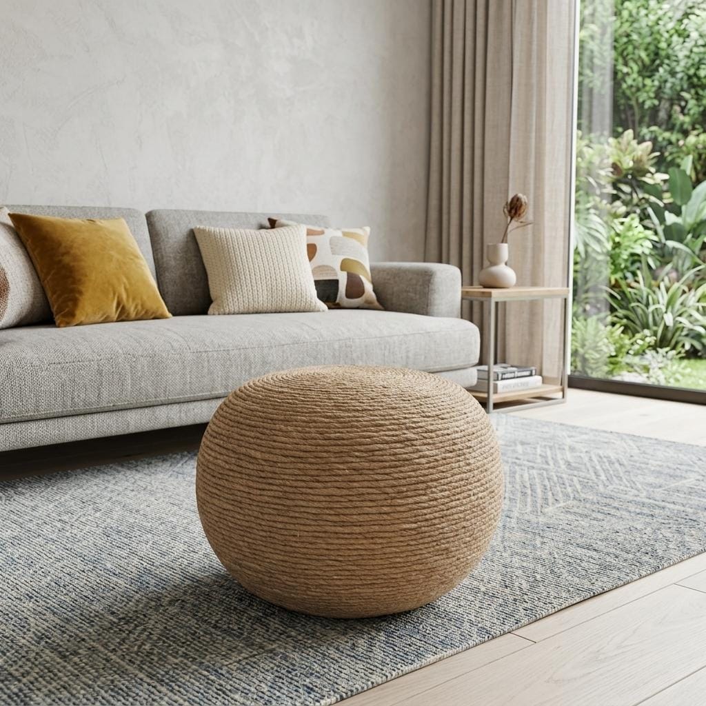 HomeRoots 20 Beige Wool Round Ribbed Pouf Ottoman