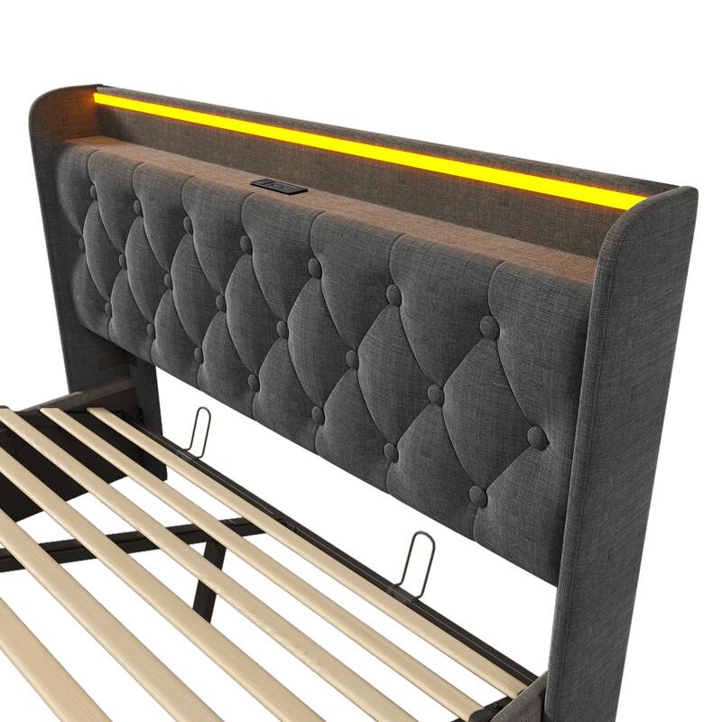 Full Size Platform Bed Underbed Storage Bed with Wingback Tufted Headboard, USB and 360 Surround LED Strip, Linen Upholstered