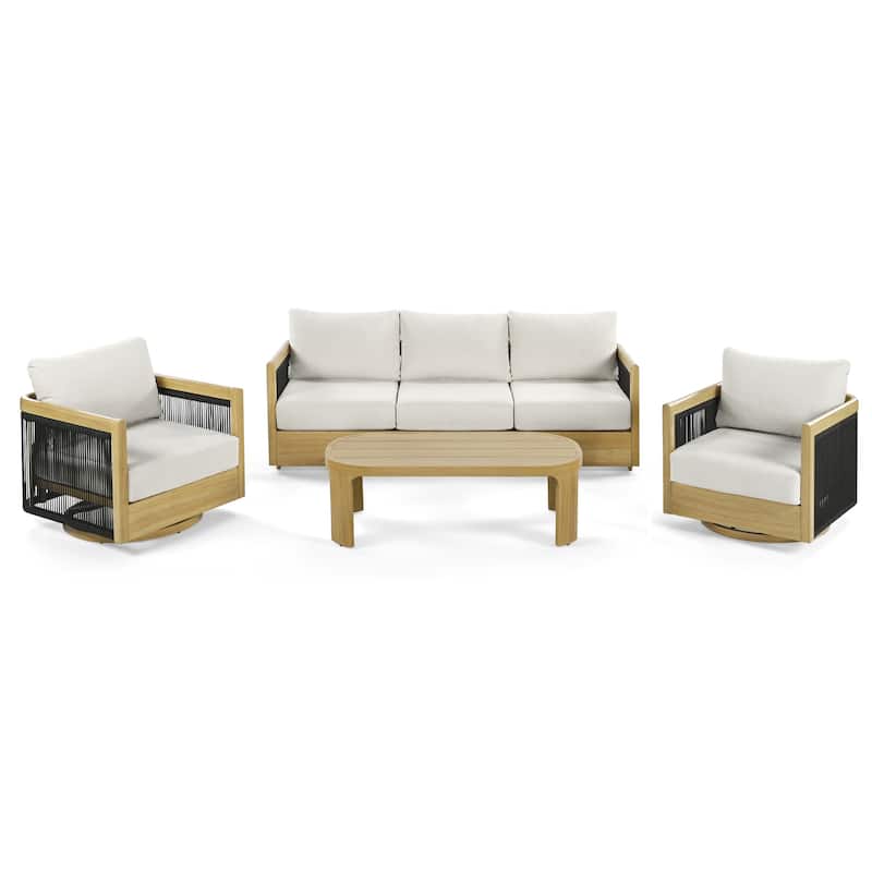 Overture 4-Piece Natural Wood Grain Aluminum Hand-Woven Rope Patio Conversation Set with Swivel Chairs, Cushions, Coffee Table