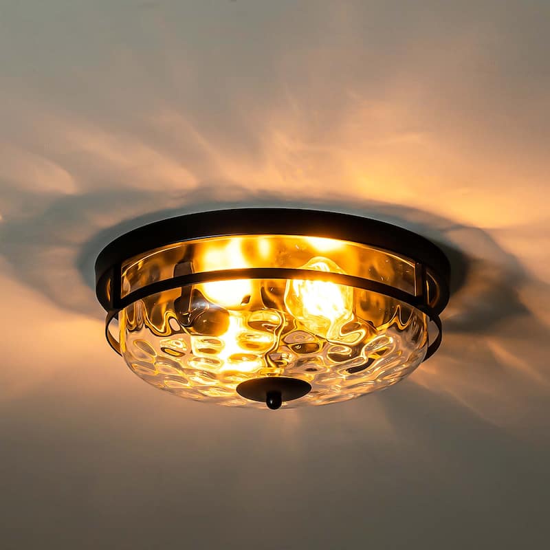 2-Light Mid-Century Modern Industrial Farmhouse Round Dome Glass Flush Mount Light - 12.9 in. W x 5.5 in. H - 12.9 in. W x 5.5 in. H - Black