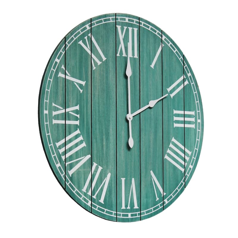 Country Rustic Coastal Round Wooden Wall Clock - 23" - Blue and White