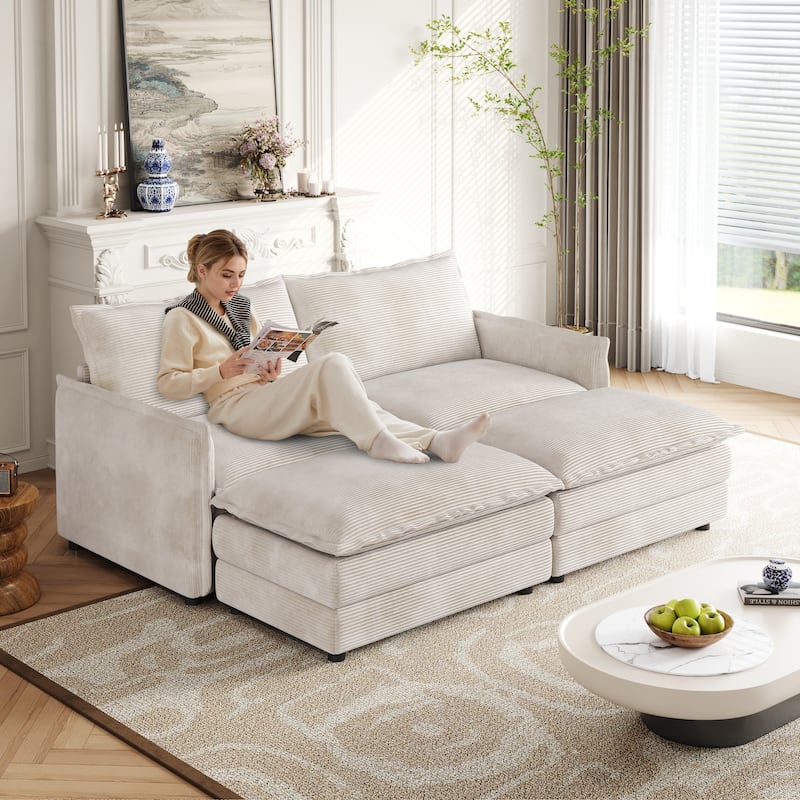 75" Corduroy 2-Seater Cloud Sectional Sofa with Dual-Layer Cushions - Beige