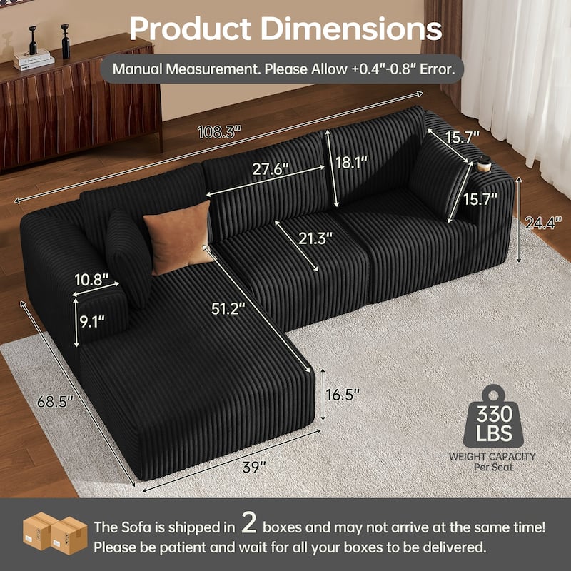 108" Cloud Sectional Couch with Chaise Lounge, L Shaped Modular Modern Sofa with Cup Holder, No Assembly Required