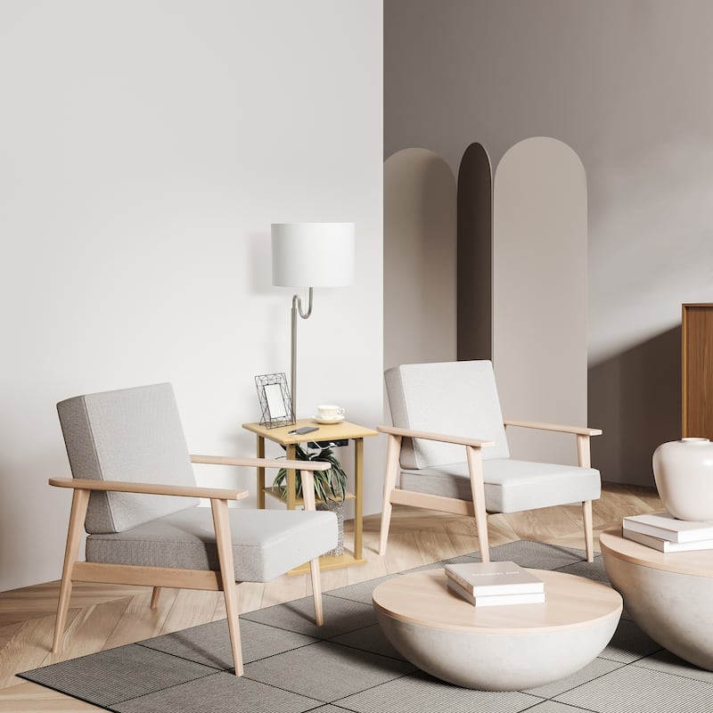 2 Tier End Table Floor Lamp with White Drum Shade - 57" - Tan