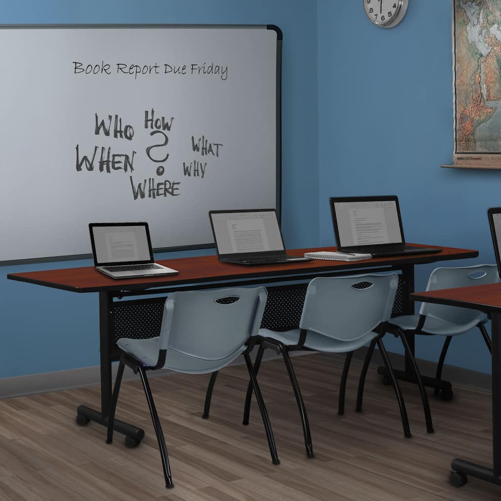 84" x 24" Flip Top Mobile Training Table with Modesty Panel- Cherry and 3 "M" Stack Chairs- Grey