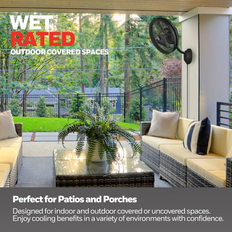 18" Honeywell Matte Black Outdoor Wet-Rated Oscillating Wall Fan with Remote, 3-Speed AC Motor - 18 Inches