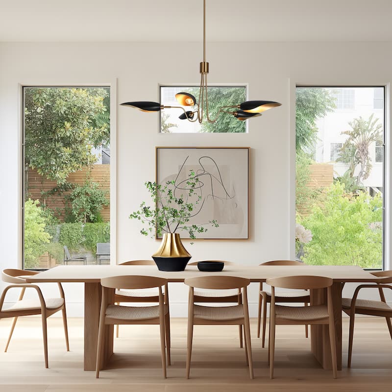 Mid-Century Modern 5-Light Black Gold Chandelier Wheel Pendant Lights with Metal Shades - 40" D x 16.1" H