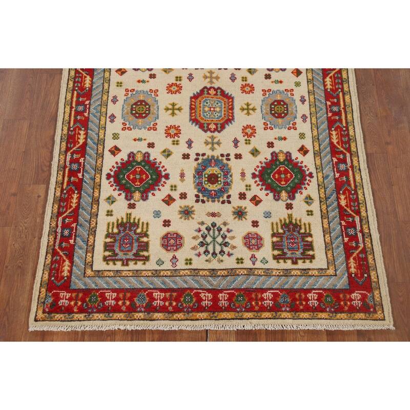 Traditional Kazak Foyer Rug Handmade Beige Geometric Wool Carpet - 3'4" x 4'11"
