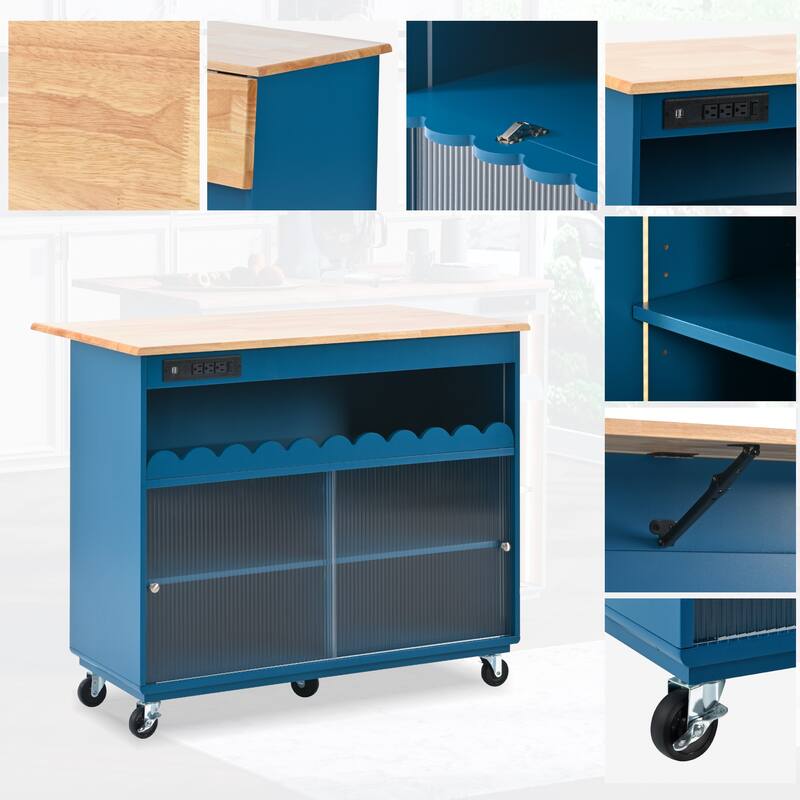 44 in. W Kitchen Island Rubberwood Drop-Leaf Countertop on 5 Wheels with Open Shelf and Wine Rack - 44''