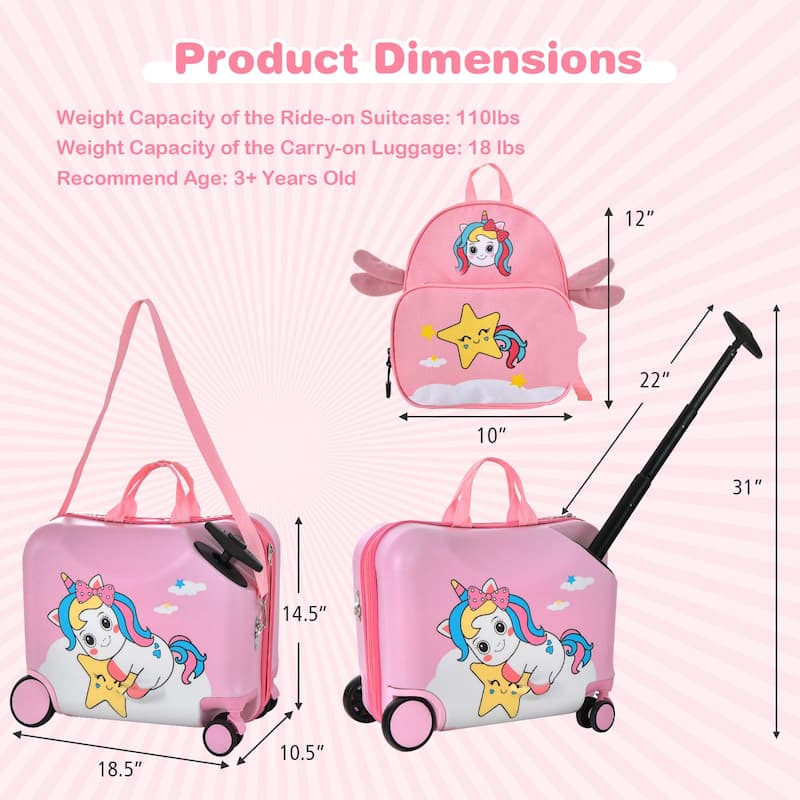 2PC Kids Ride-on Luggage Set 18'' Carry-on Suitcase & Backpack