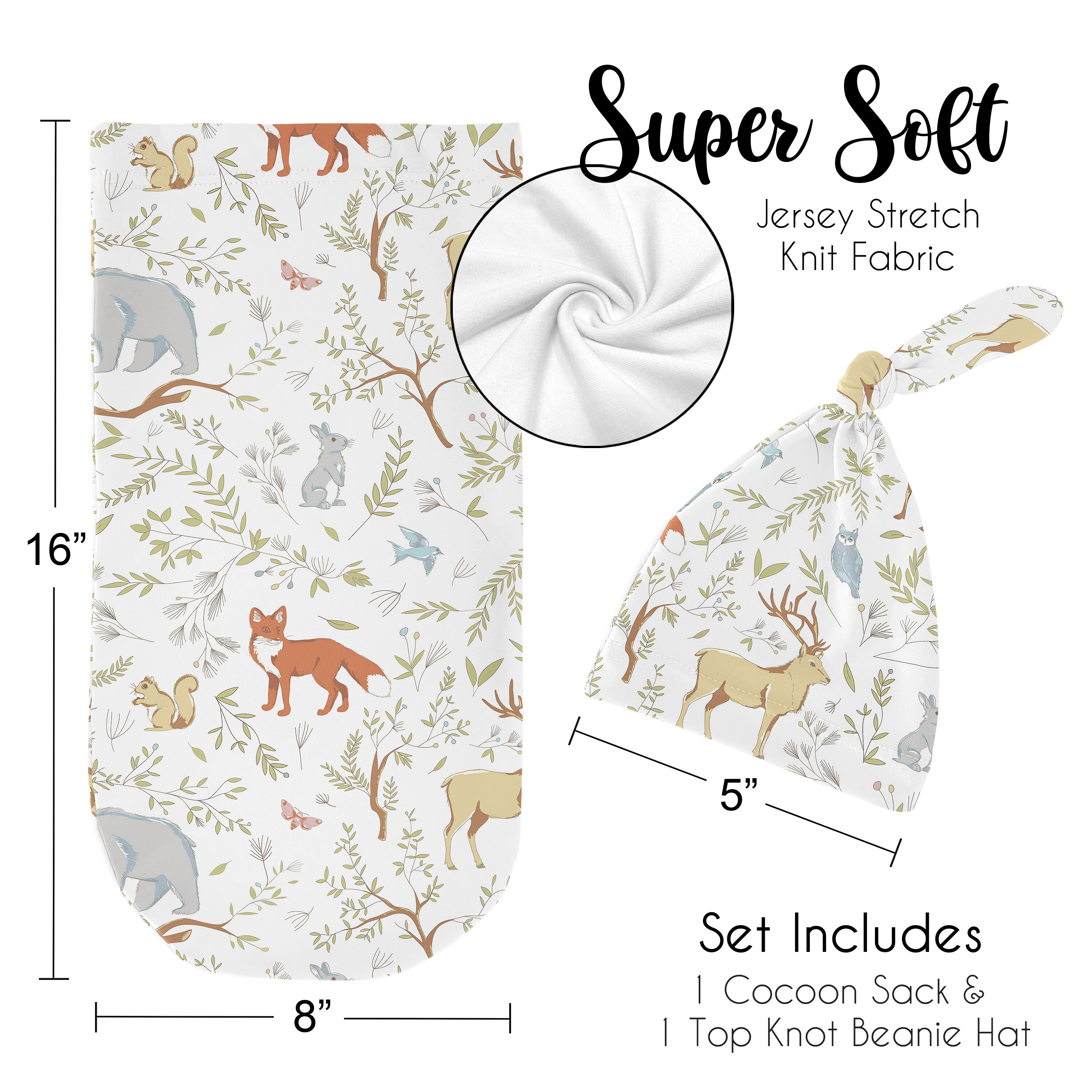 Woodland Animal Toile Collection Boy or Girl Baby Cocoon and Beanie Hat Sleep Sack 2pc Set Grey Green Forest Bear Deer Fox