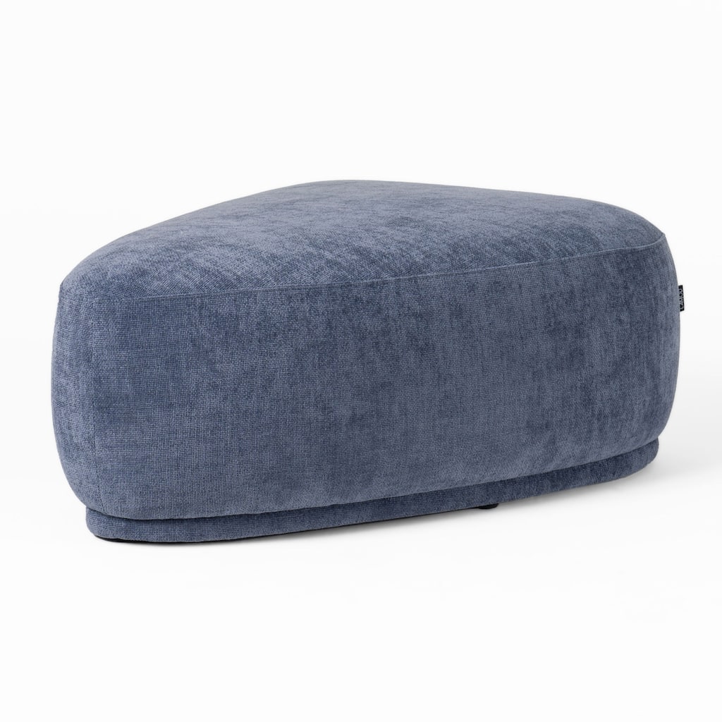 Reno Kini 44 Inch Ottoman, River Rock Shape, Blue Polyester, Wood Frame
