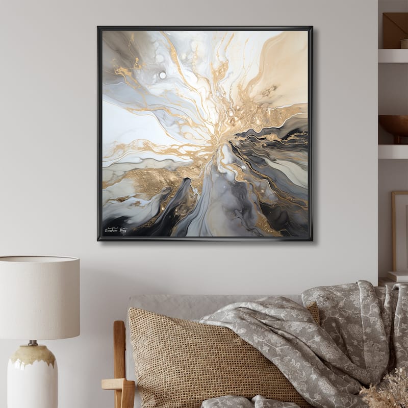 Designart "Lightning Beige And Black Liquid Art Explosion" Lightning Framed Wall Art Prints - 24 in. wide x 24 in. high - Black