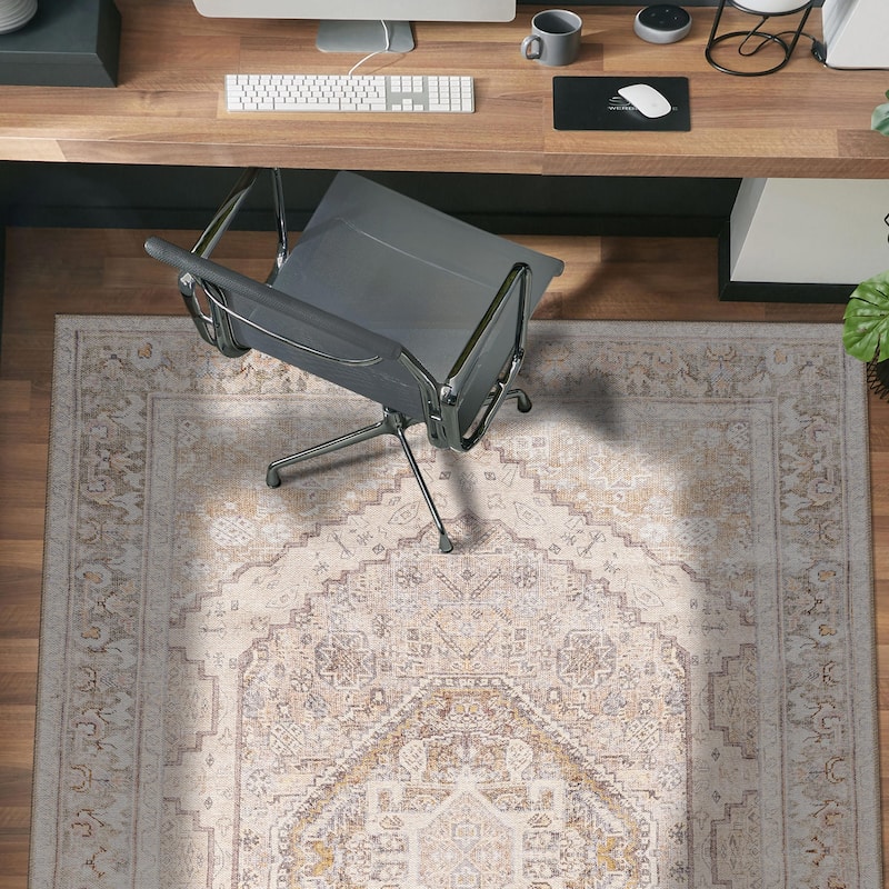 Beige Medallion Flat Pile Washable Rug - Pet Friendly, Non-Slip for Entryway and Bedroom - Beige - 4' x 6'