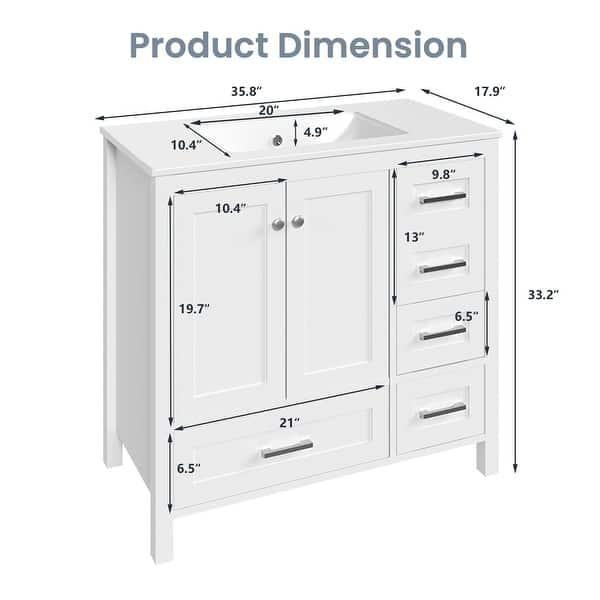 dimension image slide 4 of 5, Modern Bathroom Vanity with Ceramic Sink, Soft-Close Storage Cabinet and Glossy Easy-Clean Countertop